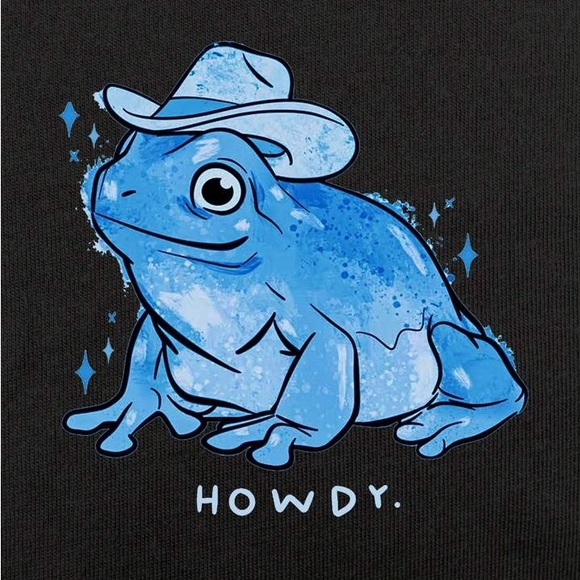 ROMWE Black Tee with Blue Frog Design howdy cowboy country funny crop top - Picture 3 of 8